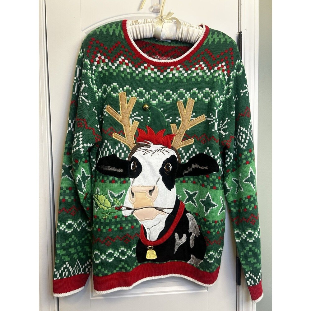 Holiday Time XL Ugly Christmas Sweater Cow Reindeer Bells Green Red Unisex Xmas - Picture 11 of 16